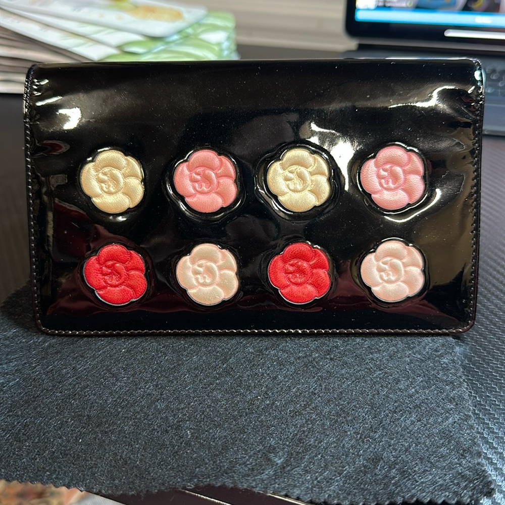Chanel Camelia Black Patent Wallet